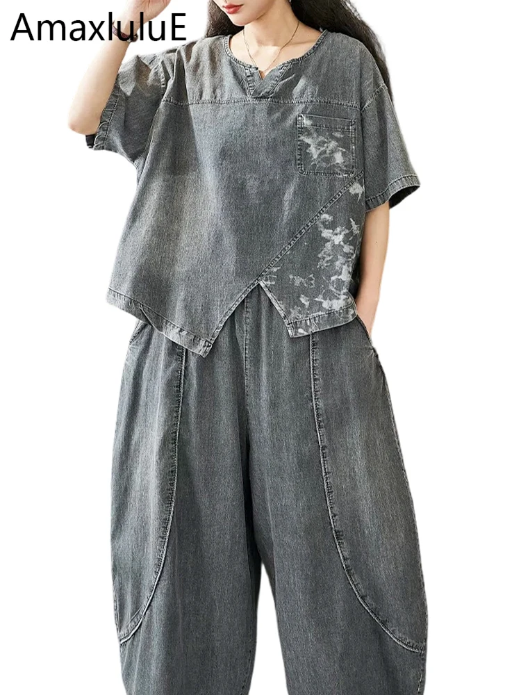 

Amax LuluE 2026: Новинка! Женский летний джинсовый костюм из двух предметов: свободные топы с принтом, футболки и повседневные брюки. Винтажные джинсы. Классический образ.