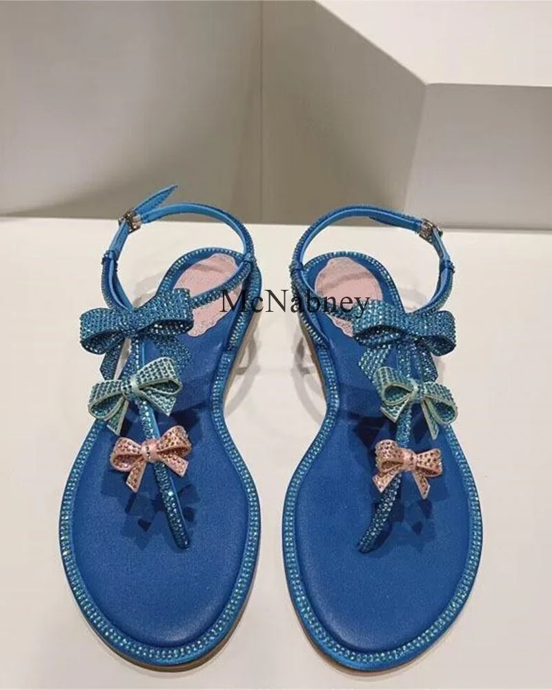 

Silk Rhinestone Butterfly Knot Ankle Strap Flat Women Flip-Flops Round Toe Buckle Strap Design Fashionable And Versatile Sandals