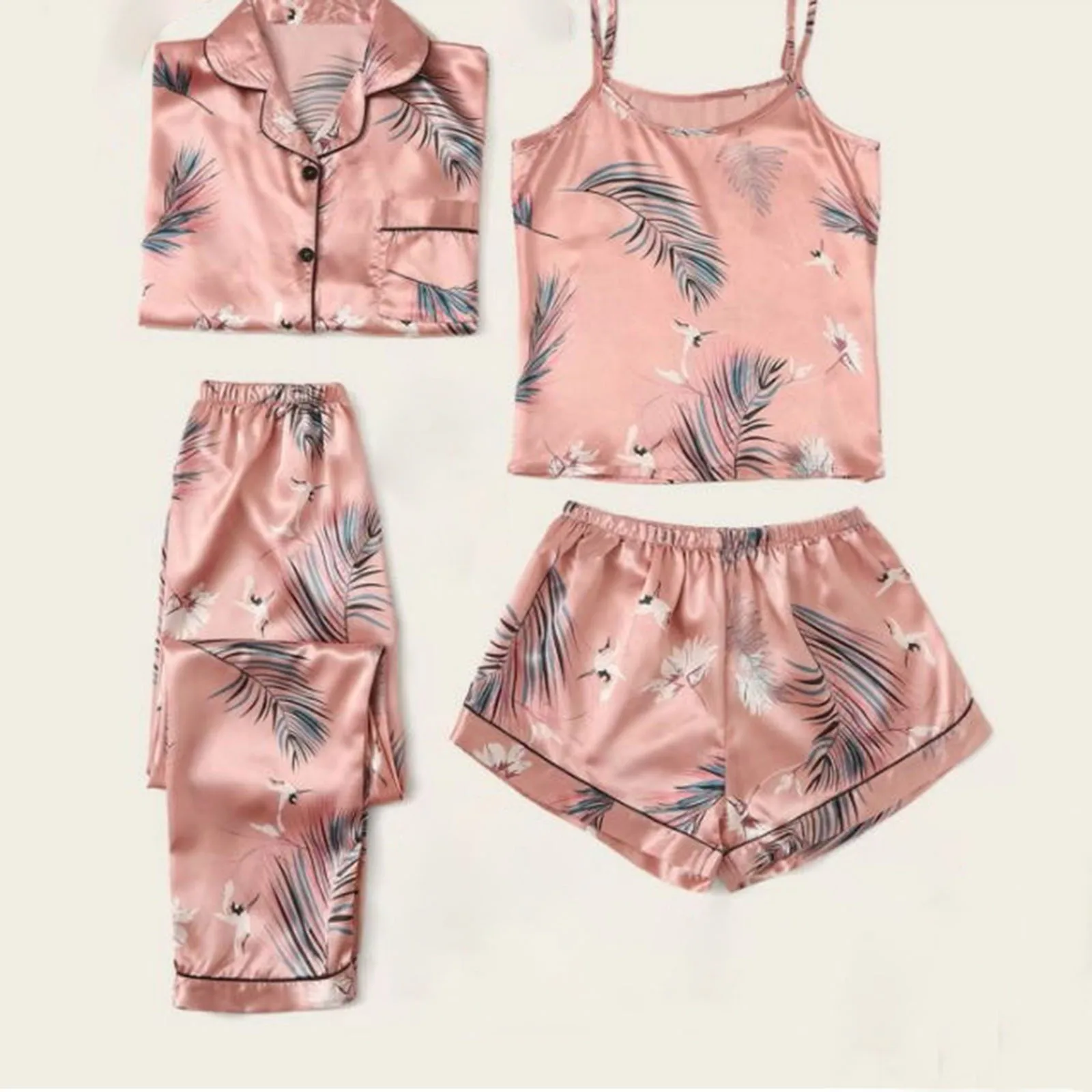 Women'S Ice Silk Pajamas Trendy Flamingo Print Home Sleepwear Suit Slim Pajamas Four Piece Sets Spring Summer Lounge Homewear