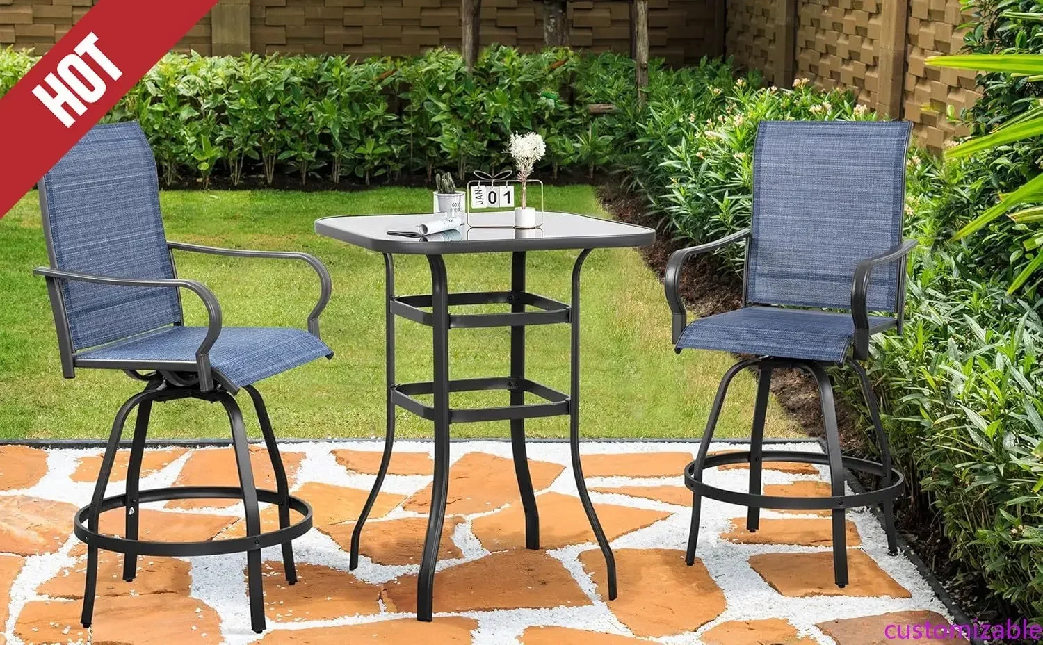 

Customizable 3 Pieces Outdoor Swivel Bar Set,Set With 2 Height Back Bar Chairs For Home, Backyard, Garden, Porch, Deep Blue
