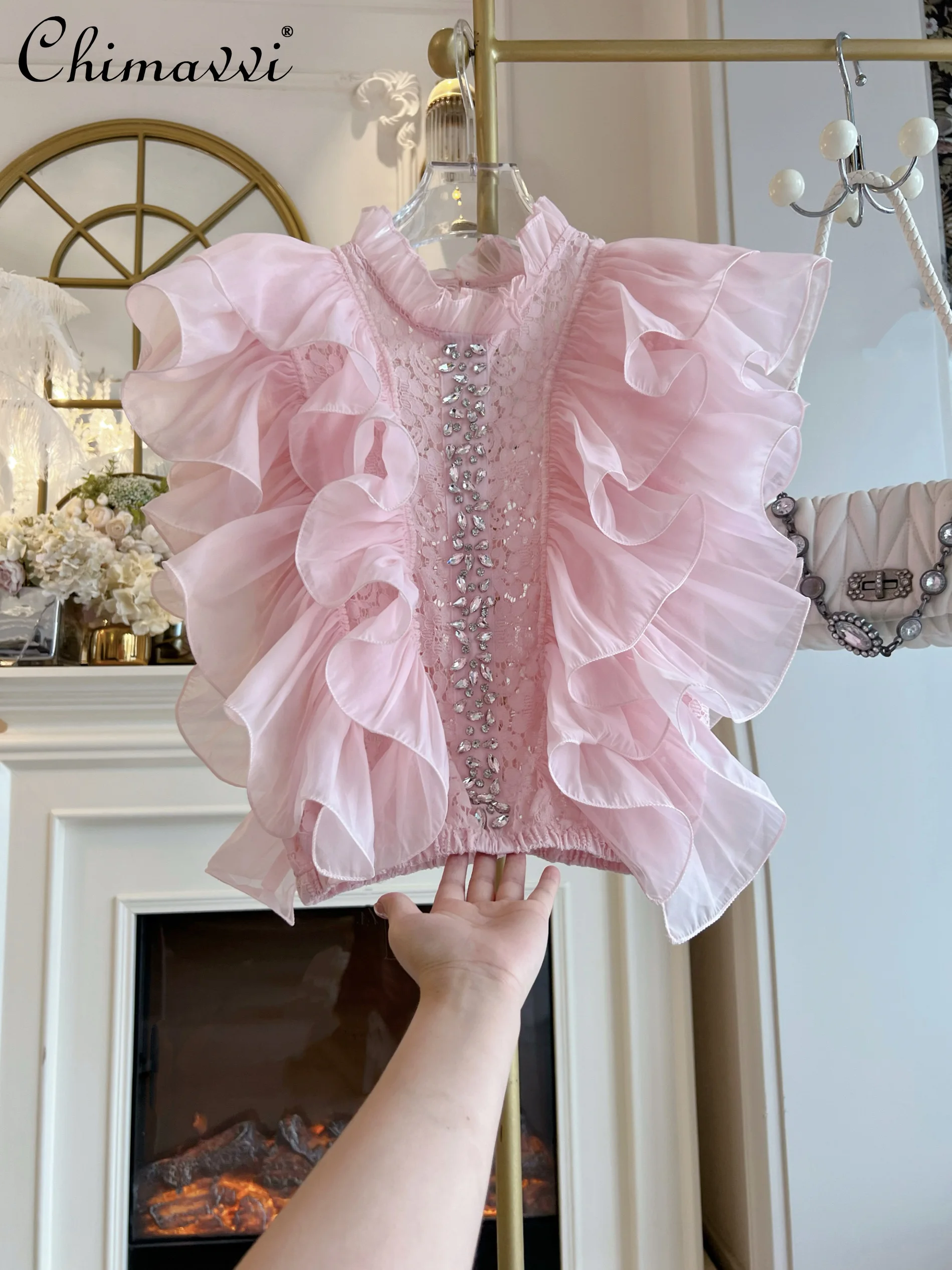 

2025 Summer New Heavy Industry Diamond Ruffle Edge Splicing Chiffon Shirt Women's Sweet and Thin Ruffle Edge Splicing Blouse Top
