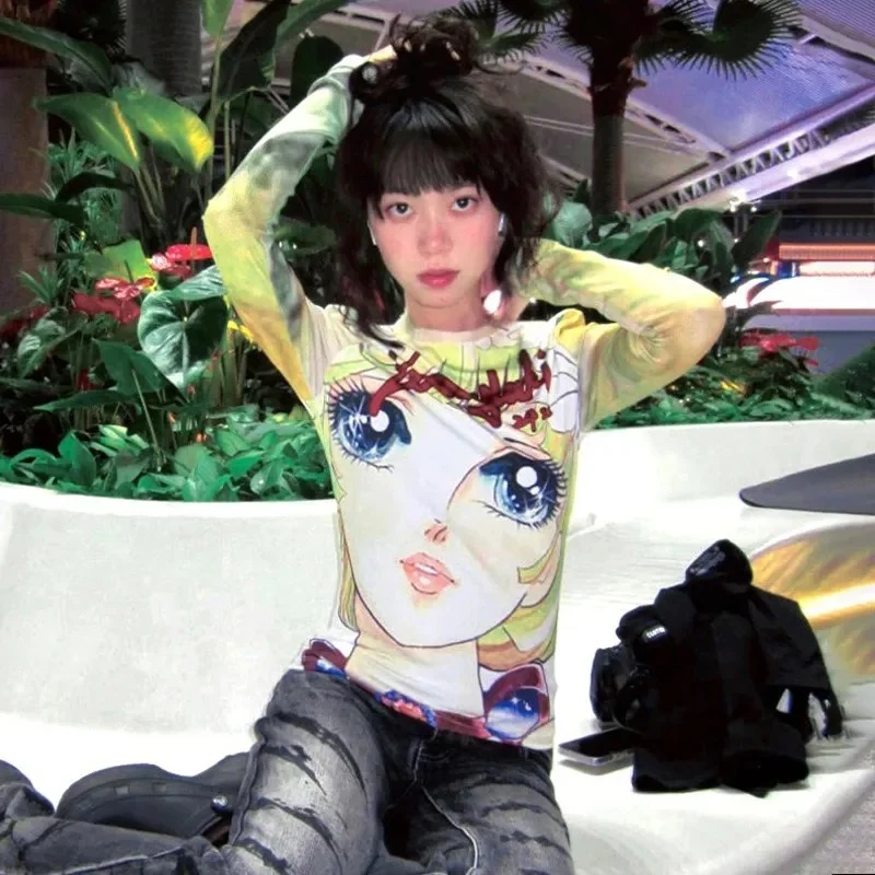 Deeptown Japanese Style Anime Print T-shirt Y2k Harajuku 2000s Long Sleeve Tees Vintage Kawaii Cartoon Slim T Shirt Aesthetic