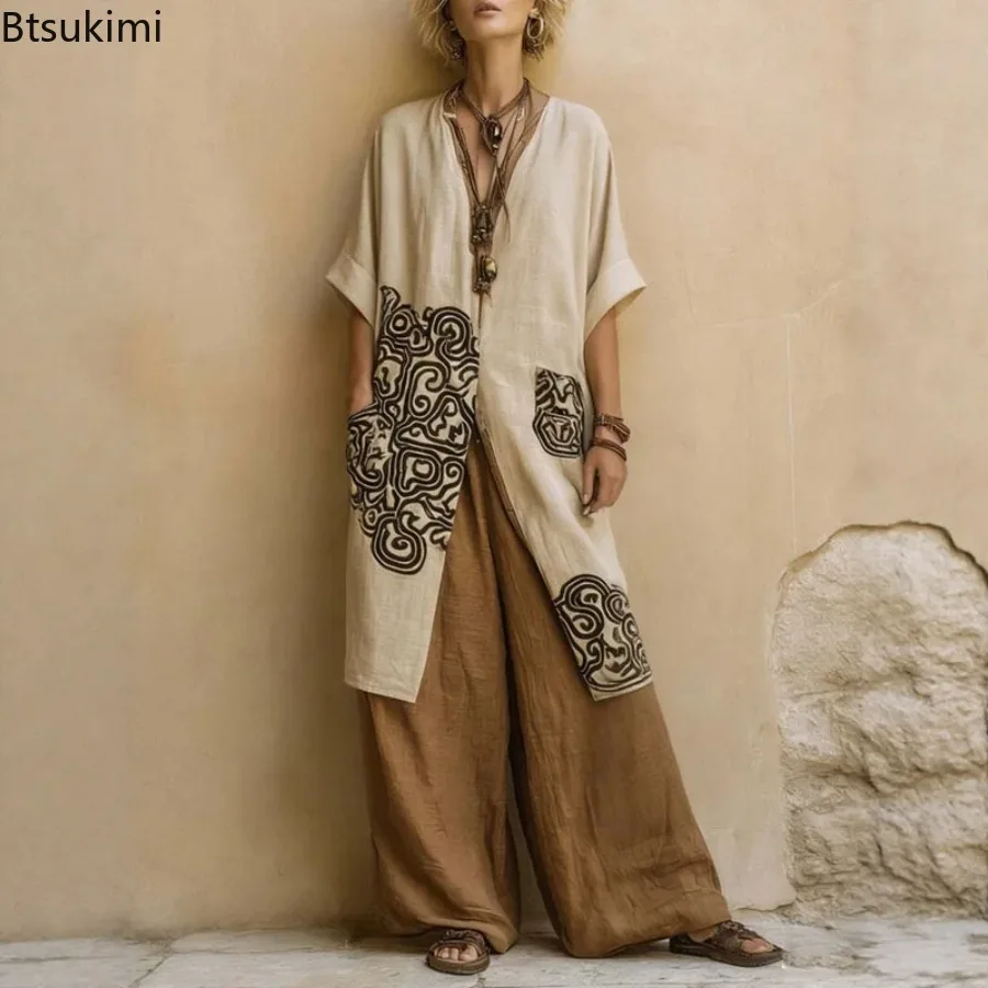 Spring Summer Robe Sets for Women Boho Open Front Kimono Retro Print Pocket Top Wide Leg Pants 3pcs Sets Loose Vacation Outfits