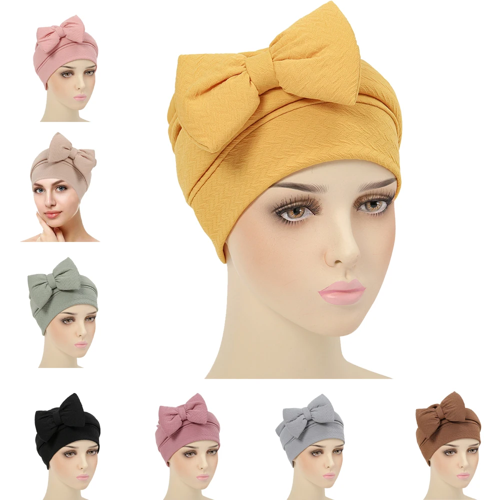 

New Women Big Bow Turban Hair Accessories India Hat Turban Head Wrap Chemo Cap Muslim Inner Hijabs Hats Bonnet Islamic Beanies