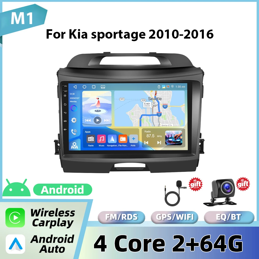 Podofo 9'' autoradio voor Kia Sportage 2010-2016 met draadloze CarPlay, Android Auto, multimediasysteem, WIFI, GPS, FM/RDS, BT head unit
