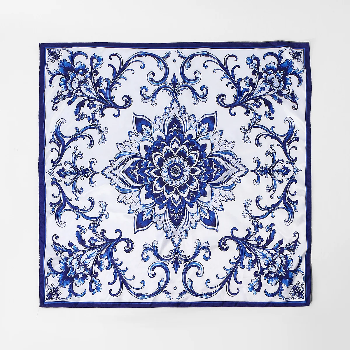 New Blue And White Porcelain Satin Silk Square Scarf Hijab Printed Muslim Women Headscarf Ladies 2024 Headband Scarf 90*90cm image 6