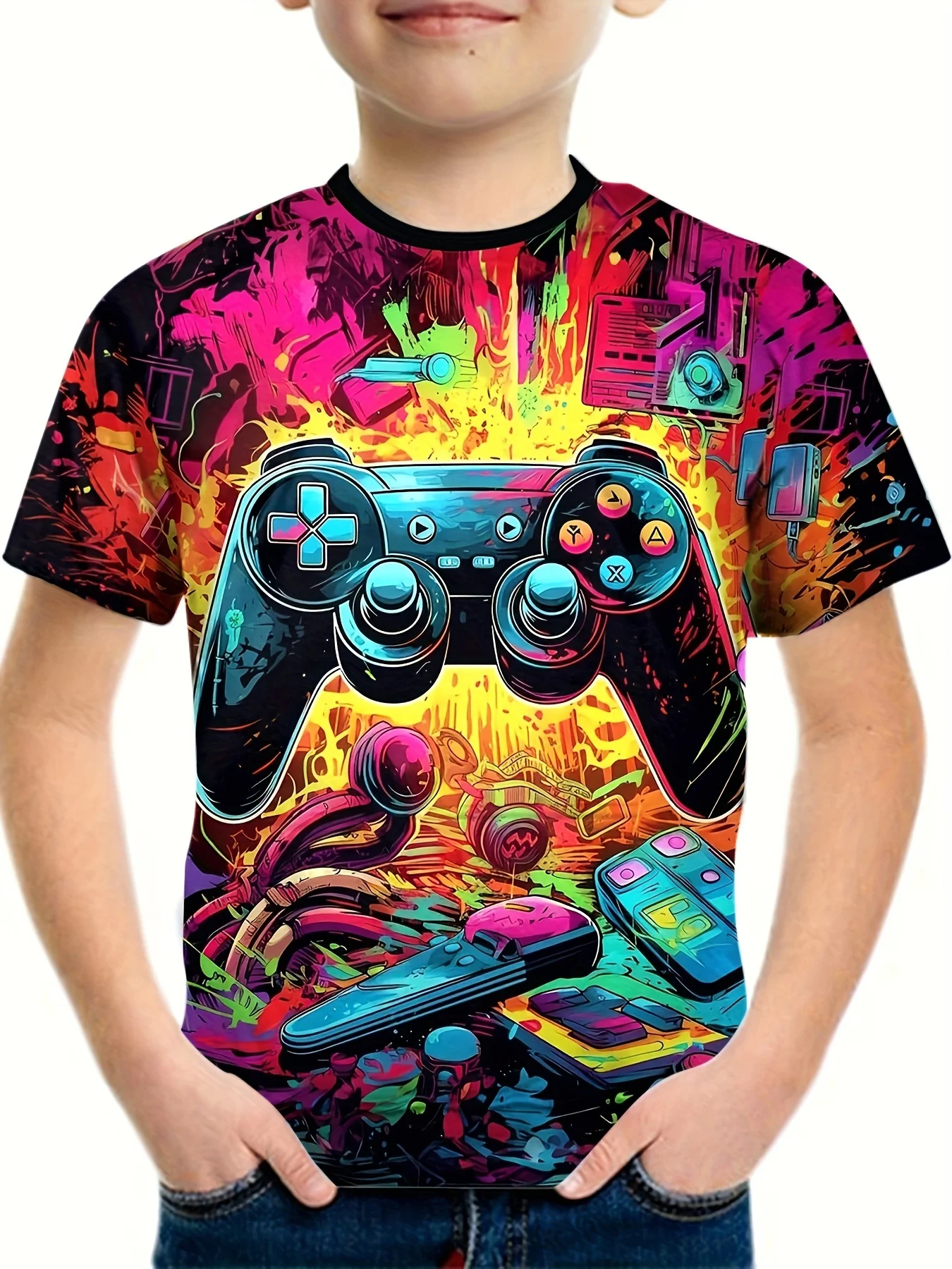 T-shirt graphique Vibrant Gamepad pour garçons, t-shirt à col rond doux et respirant, idéal pour le plaisir d'été décontracté et le refplay