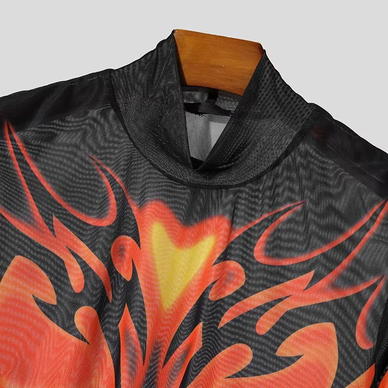 Herren-T-Shirt mit Stehkragen, Netzstoff, transparenten langen Ärmeln, Muskel-Print, durchsichtiges sexy Oberteil, Club-Party-Performance-Kostüm, schicke Kleidung – Detail 7