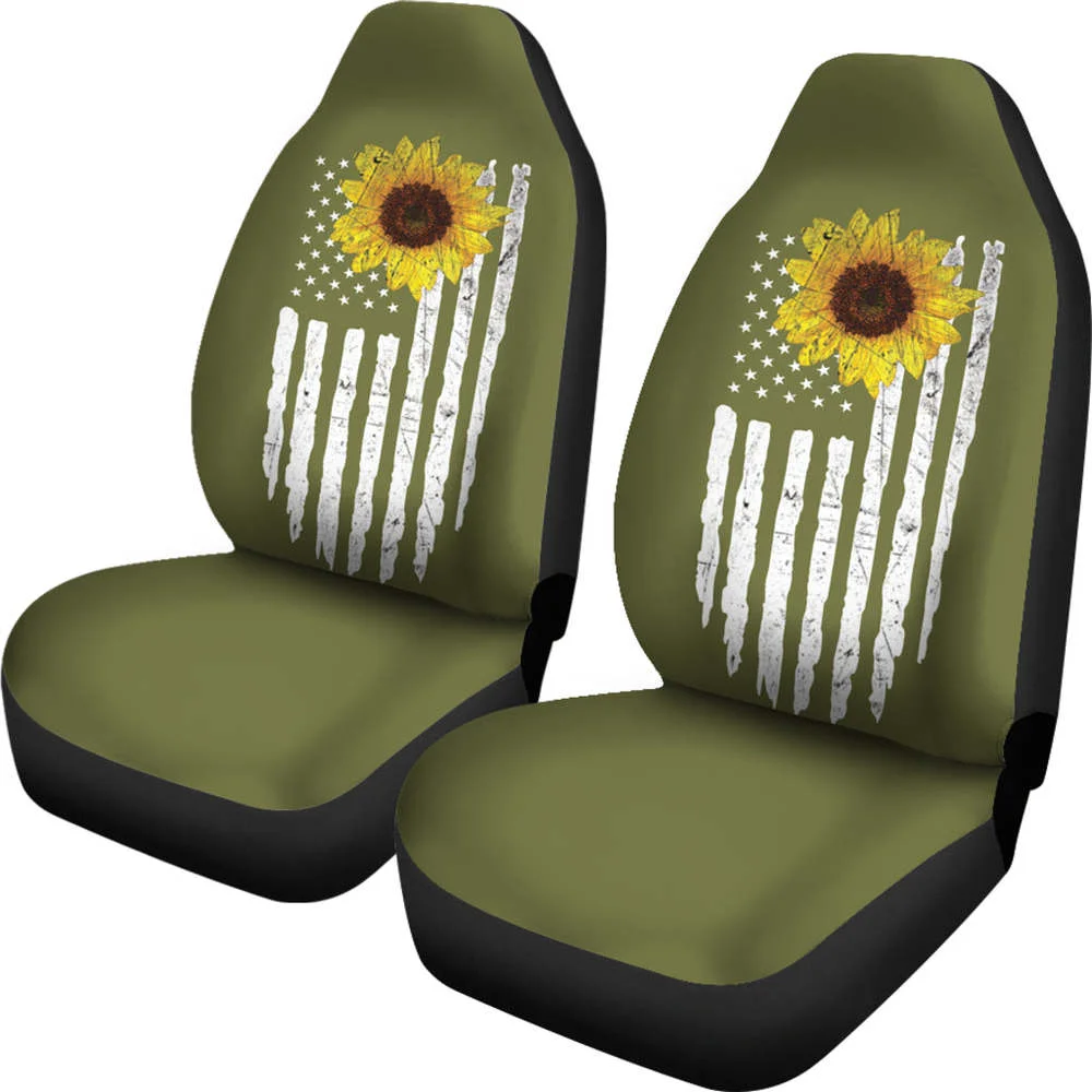 Army Green With Distressed American Flag and Sunflower Car Seat Covers,Pack of 2 Universal Front Seat Protective Cover