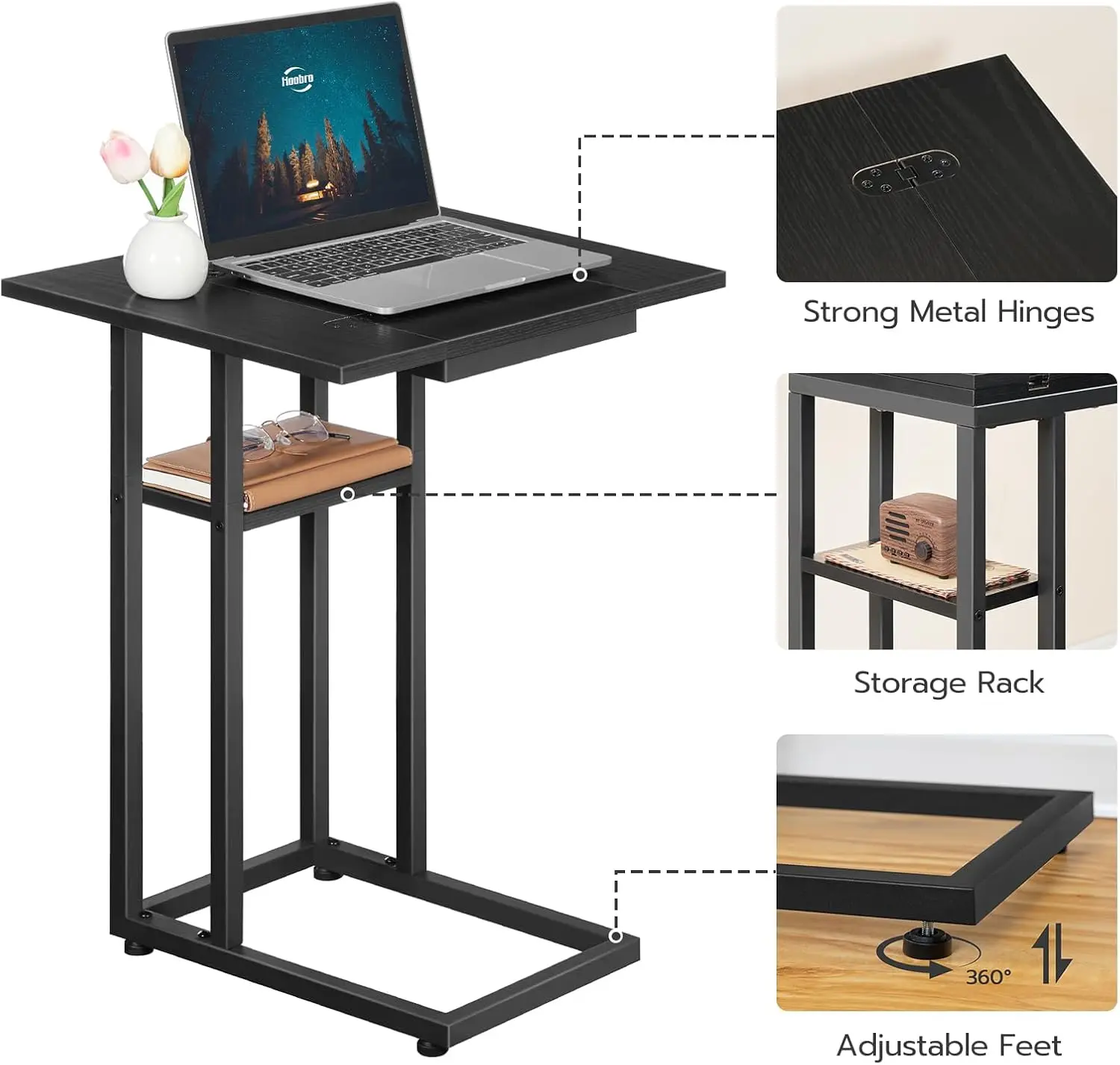 Foldable End Table, C Shaped Side Table with Storage Shelf, Small Snack Table Suitable for Living Room Bedroom Small Spaces,