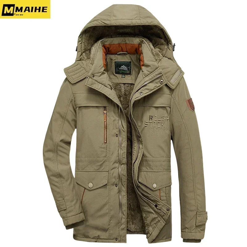 Parkas informales con forro polar grueso para hombre, abrigo cálido con sombrero desmontable, chaqueta de invierno de longitud media para caza y