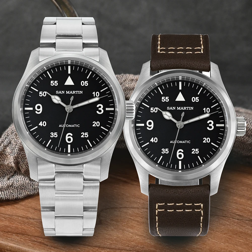 San Martin Herren-Pilotenuhr, 37 mm, Miyota 8215, modischer, schlichter Stil, militärische automatische mechanische Uhren, 100 m wasserdicht, BGW-9