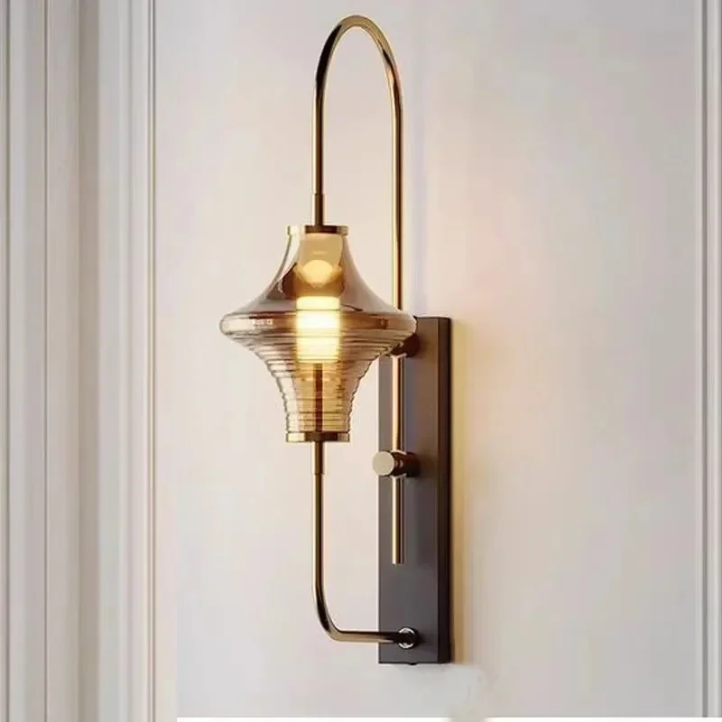 Vintage Walnut Base Wall Light Golden Amber Textured Glass Wall Sconce Modern Farmhouse Decor Wall Lamp Living Room Cafe