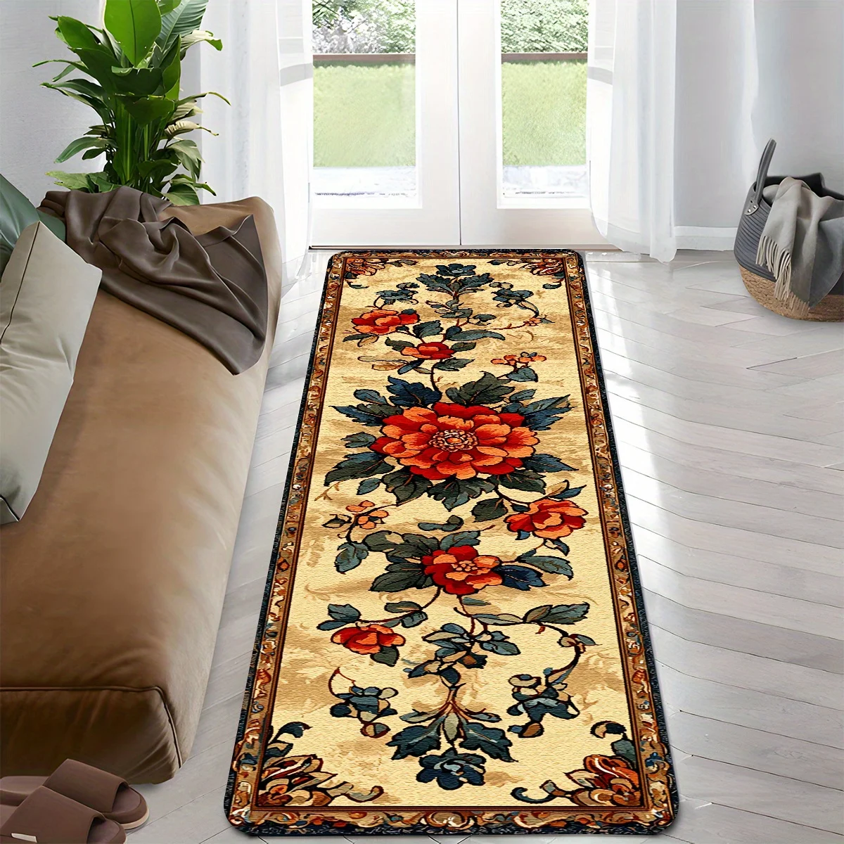 Luxury Persian Style Peony Flower Diatom Mud Kitchen Mat, Super Absorbent Quick-Dry Non-Slip Stain Resistant Long Floor Mat