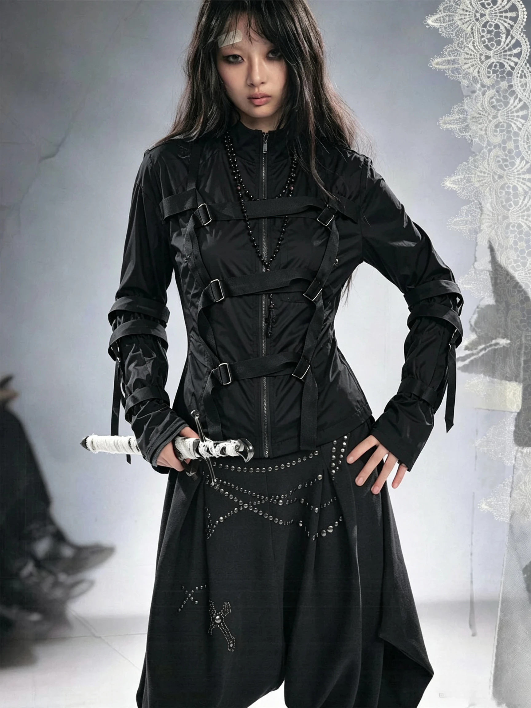 American Vintage Y2K Subculture Sunscreen Jacket 2026 New Men Women Stand‑up Collar Bandage Design Fashion Jacket