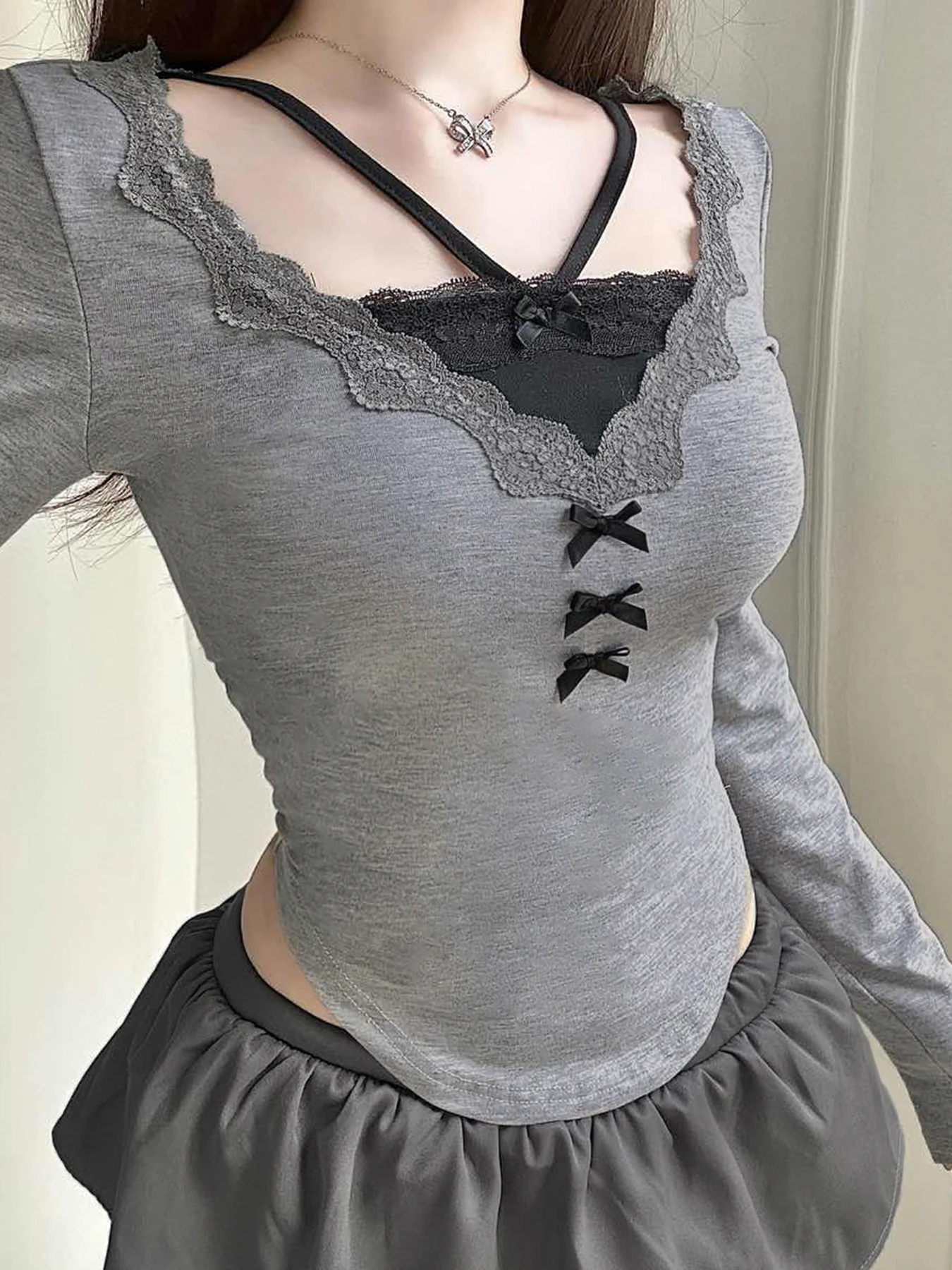 Sweetown Chic Hotsweet Fork 2 Piece Blouse Women Autumn Winter Basic Long Sleeve Lace Trim Bow Halter Tops Fashion New