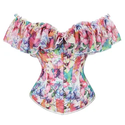 Women Floral Print Pattern Ruffle Off Shoulder Steampunk Bustiers And Corset Top Body Shaper Lingerie Sexy Overbust Corsets