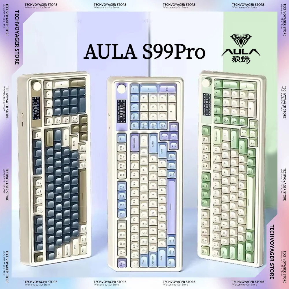 AULA S99 Pro Gaming Keyboard Tri-Mode Wireless Multi-Function Knob Display Screen RGB Customized  E-sports Game Accessories Gift