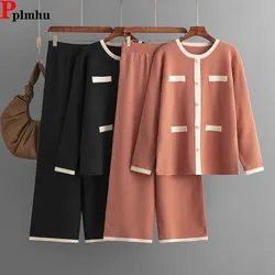 Korean Elegant Knitted 2 Piece Sets Women O-neck Single Breasted Knitwears Cardigan Tops Suits Casual Wide Leg Pants Outfit New