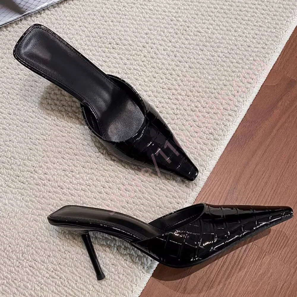 2026 Summer Black Crocodile Patent Leather Mules Women Square Open Back Pointed Toe Stiletto Heel Slip On Elegant Slide Pumps