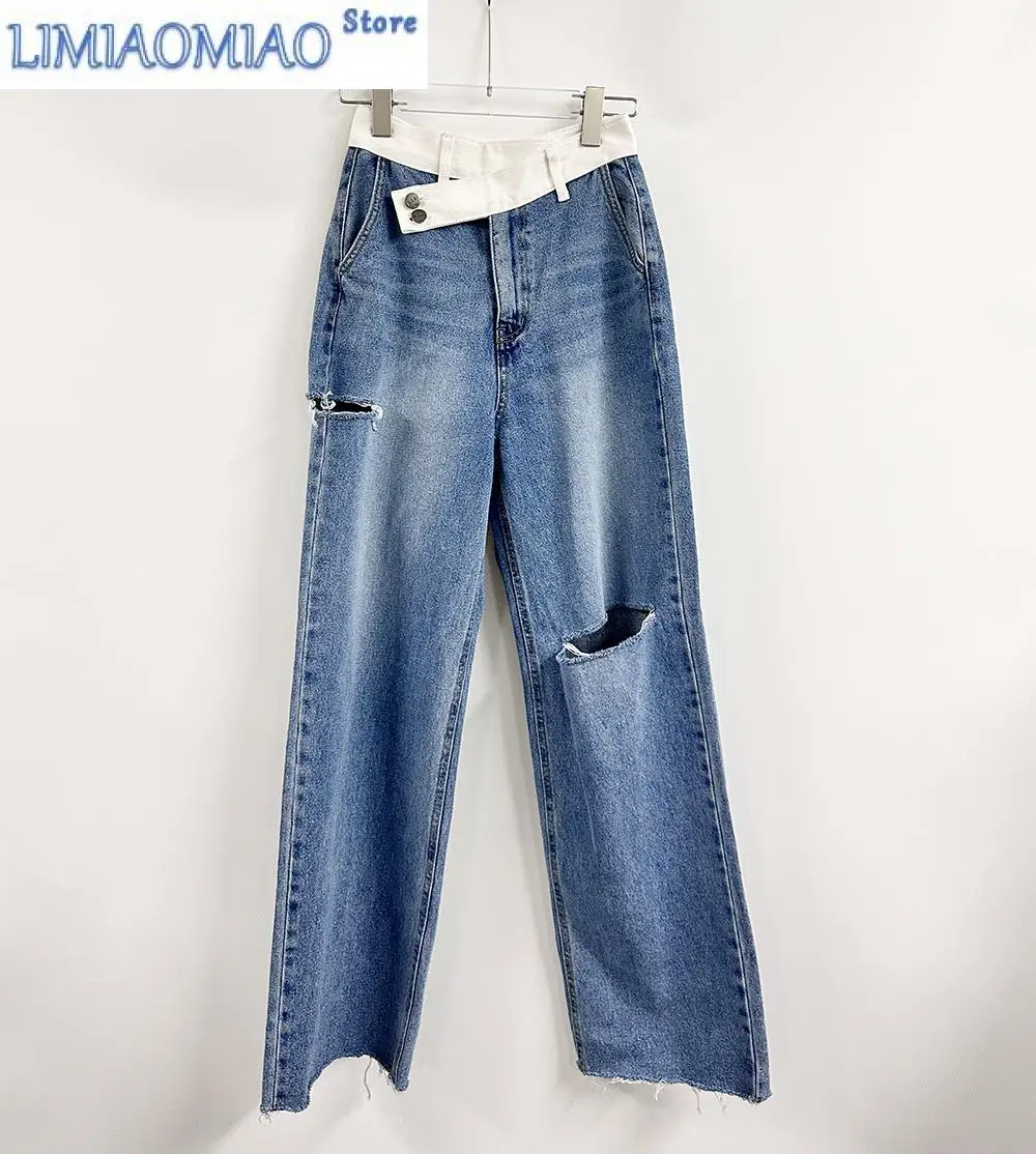 

New Ripped Jeans Ins Tide Women Straight Wide Leg Pants Spring and Summer High Waist Show Thin Mopping Long Pants