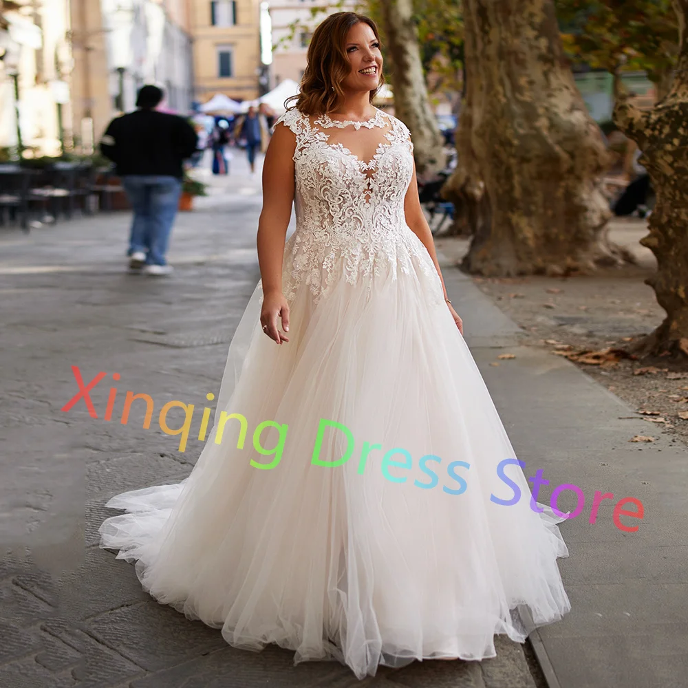 Women O-neck Plus Size Wedding Dress Appliques Sleeveless Bridal Gowns A-line Tulle Lace Up Back Chapel Train Vestido De Novia