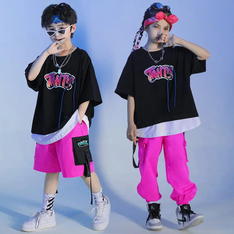 Kids Kpop Hip Hop Clothing Fake-two-piece Tops Streetwear Rose Red Pants for Girl Boy Jazz Dance Costume Clothes