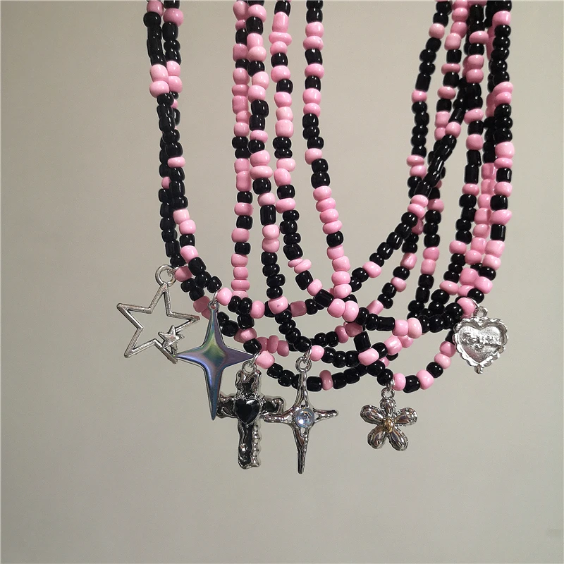 Goth Y2K Cute Star Cross Pendant Black Pink Beaded Chain Necklace Egirl 2000s EMO Harajuku  Aesthetic Grunge Jewelry Accessories