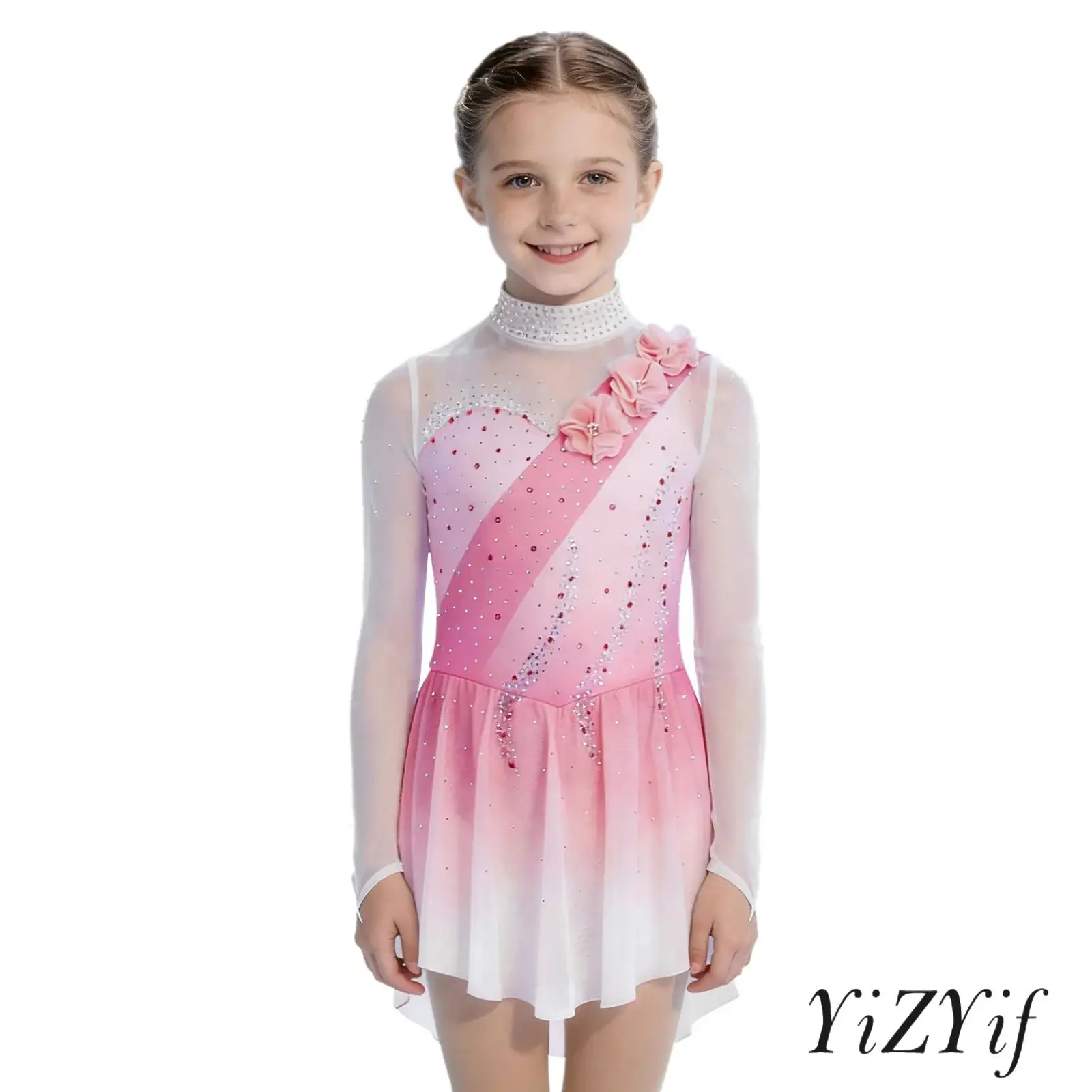 

Kids Girls Figure Skating Performance Costume Mock Neck Cutout Back Sheer Mesh Patchwork Long Sleeves 3D Flowers Ballet Dress
