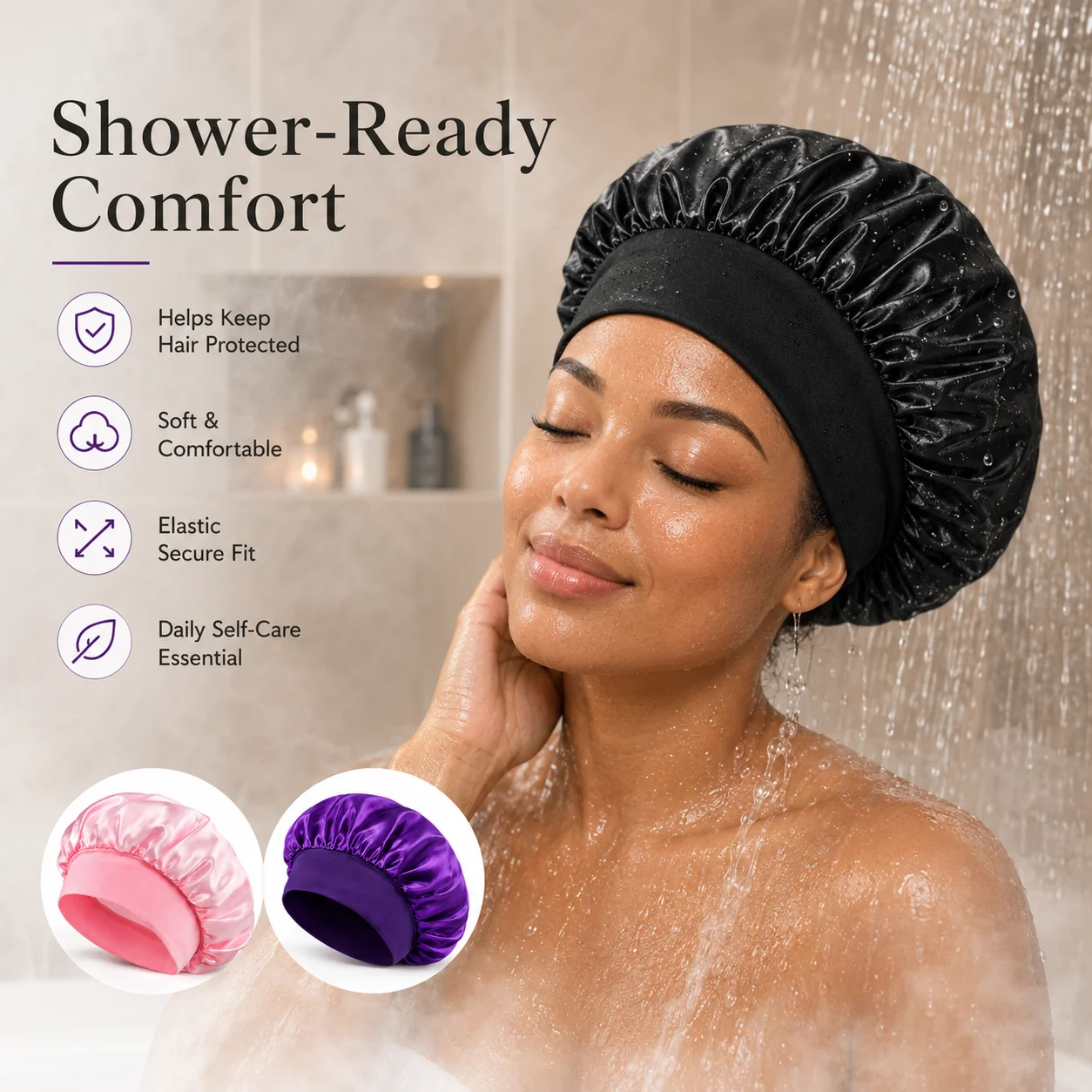 Women's Satin Shower Cap Wide-Brimmed Silk Bonnet Solid Color for Sleeping Bathing