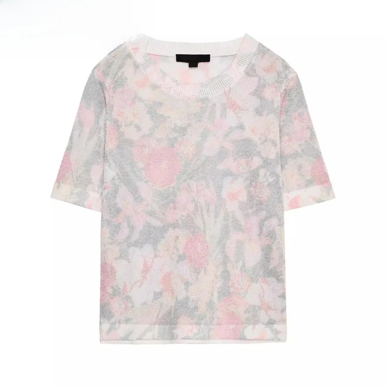 

New Summer Women's round Ne ort Sve Knitted Top Coat Floral Print Comfortable Loose Fit Commute Sle Regular Sve