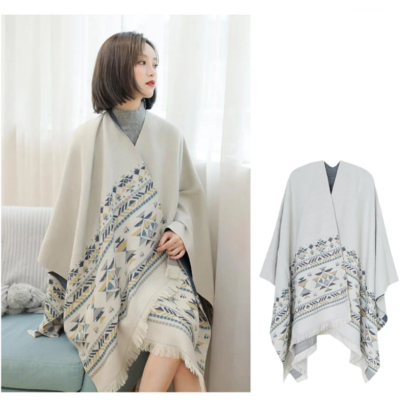 Double Sides Imitate Cashmere Split Cape Shawl Long Leisure Travel Cardigan Wraps Cloak Mantle Women Autumn Winter Gifts