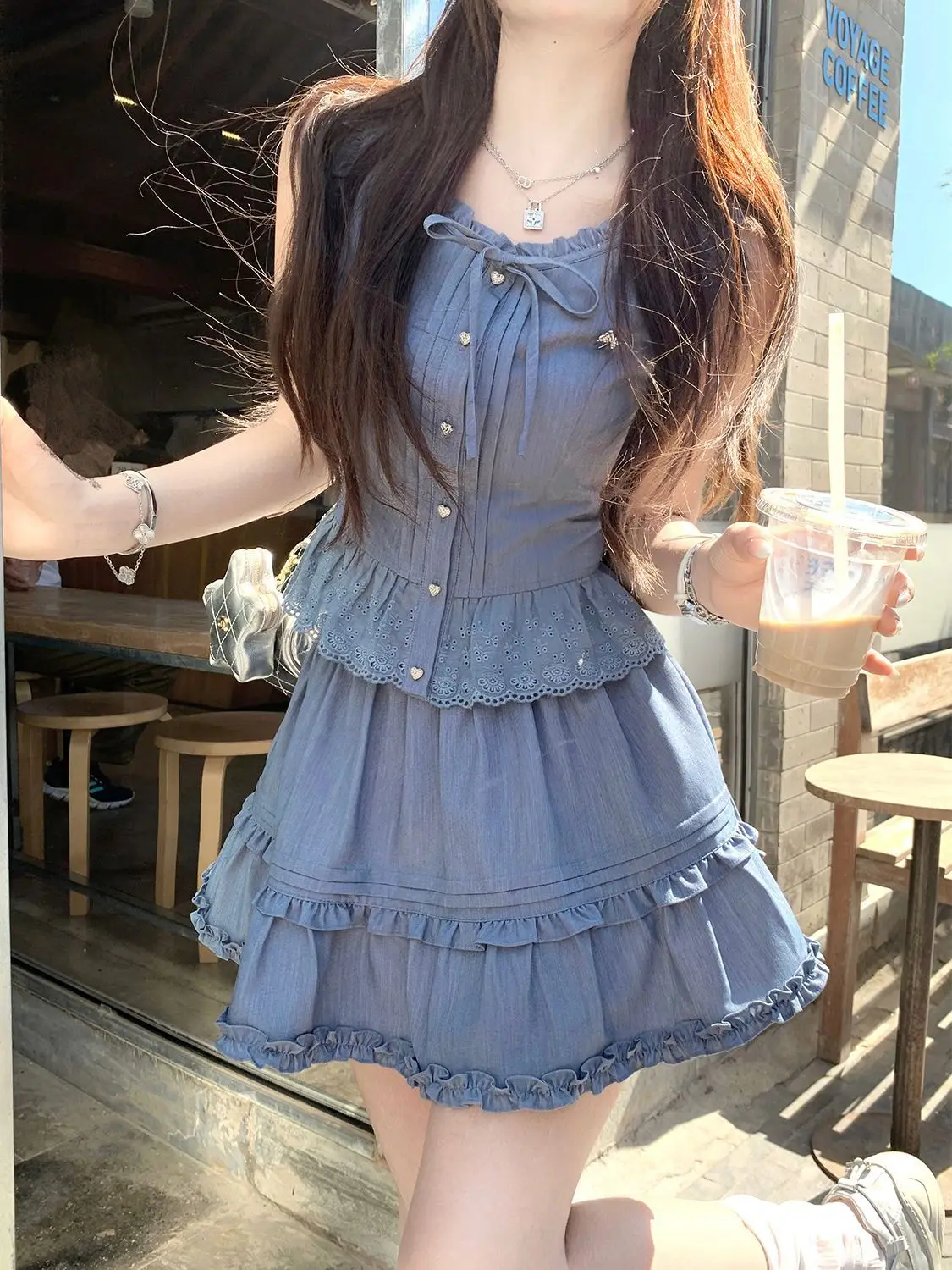 

Japan 2026 New Retro Embroidery Lace Imitation Denim Top Overskirt Suit Woman