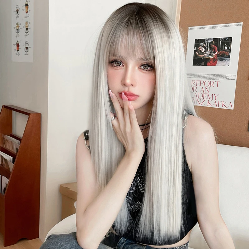 7JHH WIGS Long Straight Beige Wig for Women Synthetic Layered Heat-Resistant Modest Fashion Wear and Go Wigs with Neat Bangs