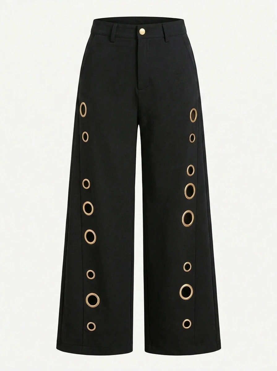 Freeacy Women's High Waist Wide Leg Pants Eyelet Cutout Loose Straight Floor Length Casual Trousers 2026 Stylish Commuter Pants