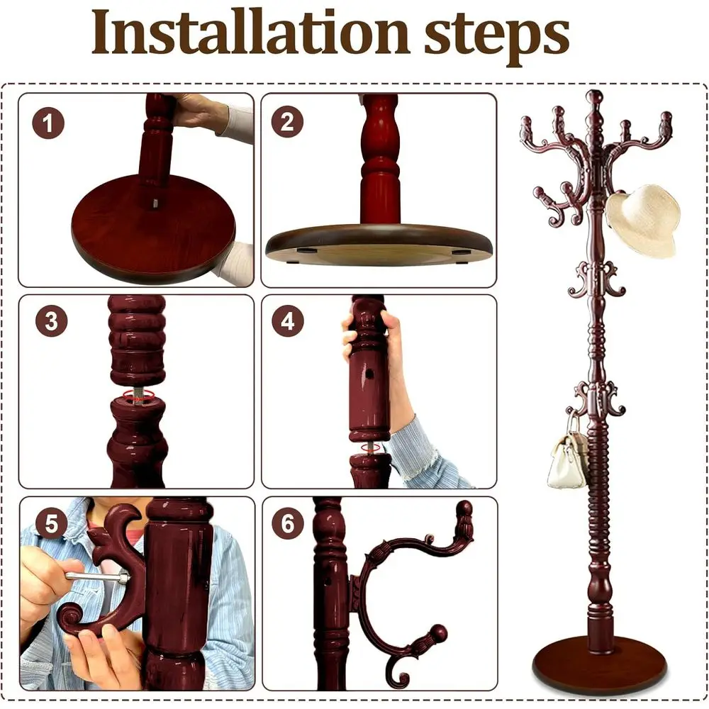 Standing Coat Rack Coat Tree Retractable Wooden Coat Rack Entryway (black red)