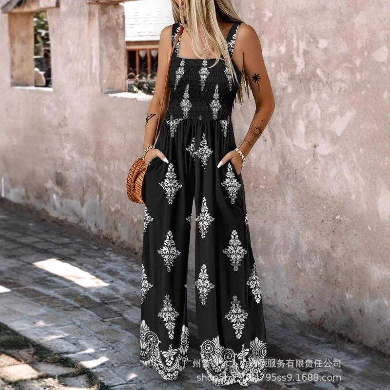 Women One Piece Print Sling Sleeveless Jumpsuits Wide Leg Long Pants Overalls Print Elegant High Waist Casual Loose Rompers