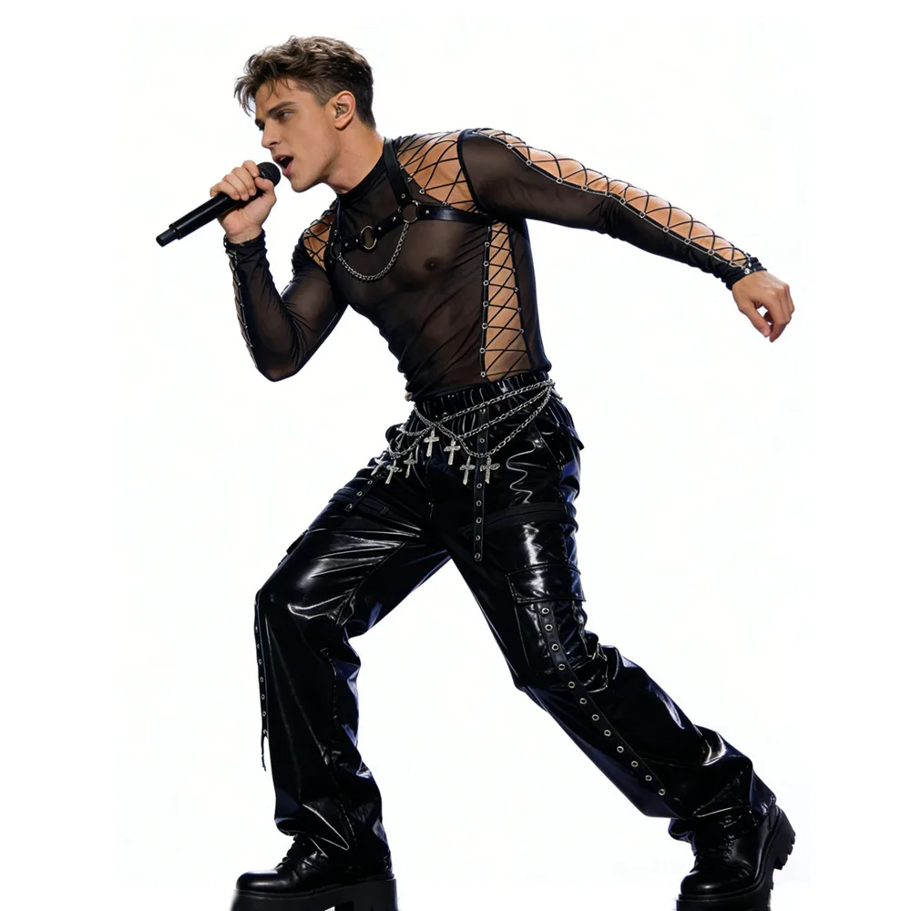 Fashion Men's Singer Bar Nightclub Concert Stage Performance Costume Black Mesh T-Shirt Leather Wide Leg Pants Set Party Outfit