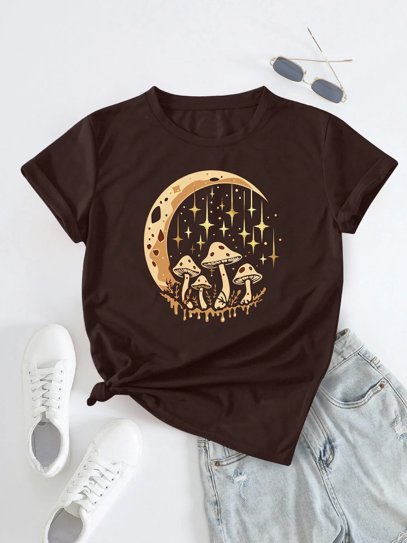 Moonlit Mushrooms with Fantasy-Inspired Illustration Print T-shirt Short Sleeve Casual Top For Summer&Spring Women\'s Clothing