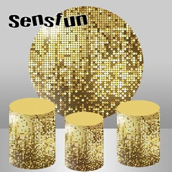 Gold Glitter Sequin Printing Round Photography Backdrops Wedding Baby Shower Retro Disco Party Shine Twinkle Plinth Covers