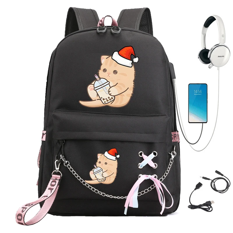 Anime Cartoon Schoolbag, Boba Kitten, Bubble Tea Backpack, De volta às mochilas escolares, USB carregamento Bookbag