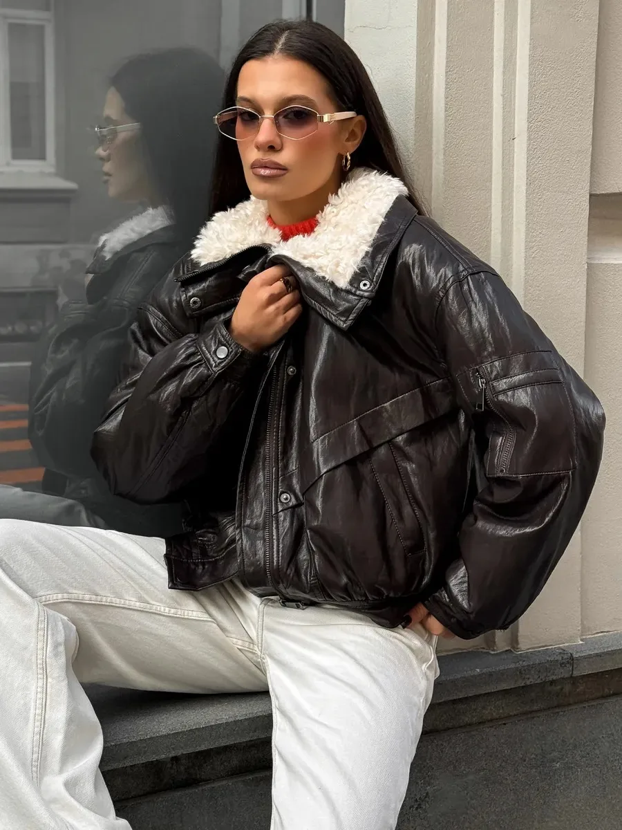 2026 Women Faux Leather Bomber Jacket Fuzzy Fur Collar Oversized Zipper Padded Winter Warm Short Outerwear Streetwear Coat