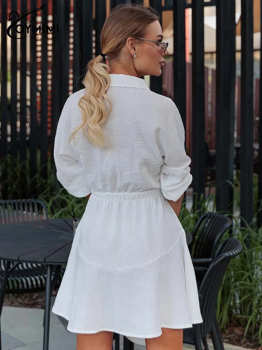 โอ้ยมิมิชุดเดรสผ้าฝ้ายสีขาวหรูหราสำหรับผู้หญิงแฟชั่นกระเป๋าครึ่งแขนเดรสผูกเชือกฤดูใบไม้ร่วงชุดมินิเดรสเอวสูงสตรีทแวร์