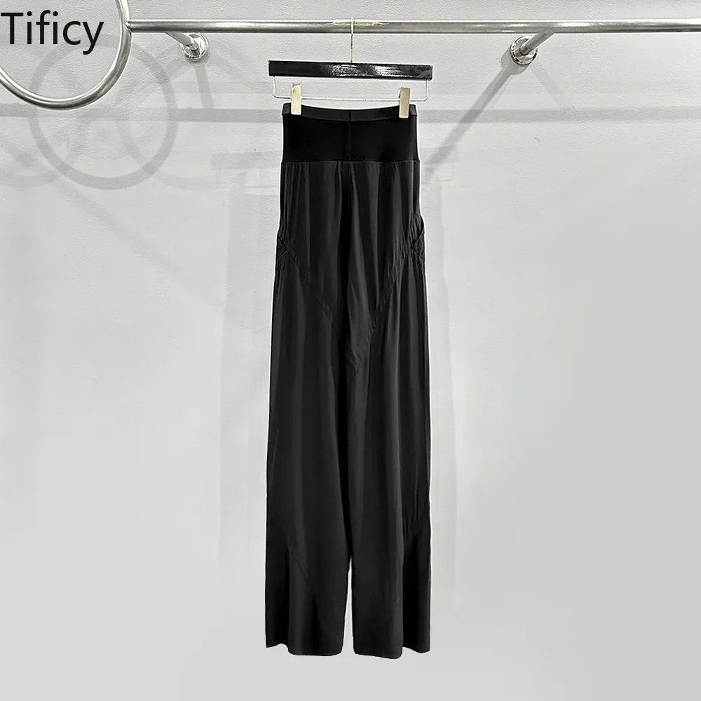 High Quality Spring/Summer Women's High Waist Spliced Elegant Silk Floor Sweeping Casual Long Pants Black