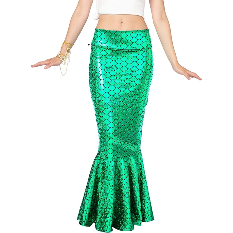 Women s Shimmering Mermaid Tail Skirt Sparkling Holographic Scale Patterned Maxi Skirt with Elegant Pearl Chain Detail for