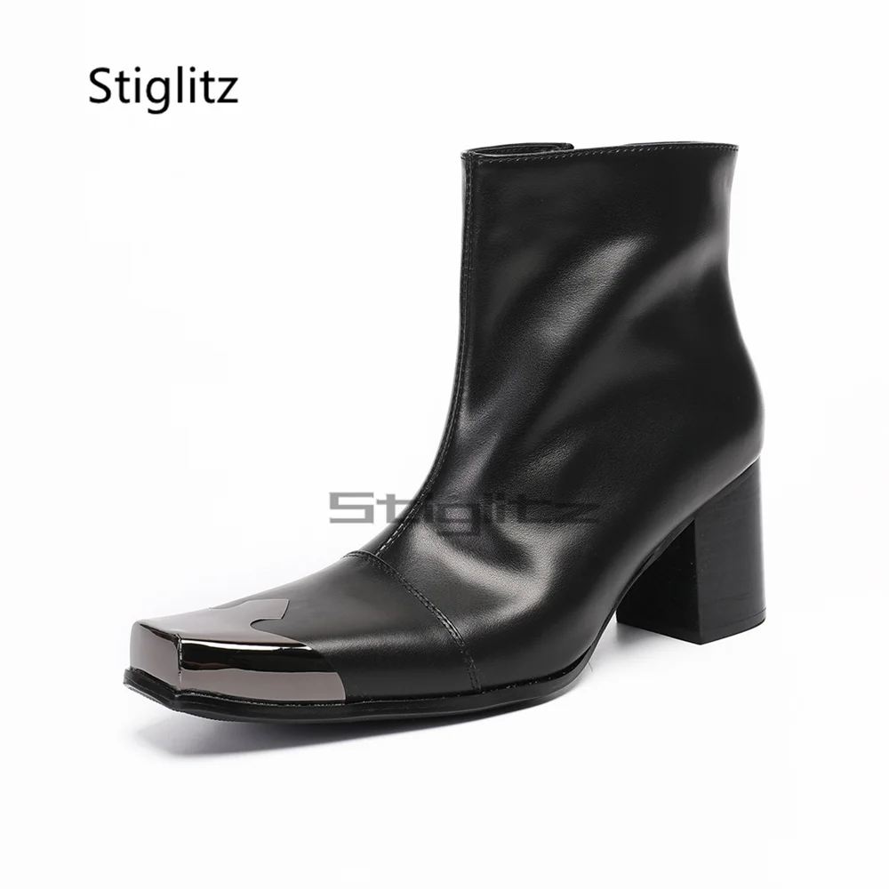 

Black Genuine Leather High Heel Short Boots for Men Metal Square Toe Side Zipper Handmade Business Party Wedding Formal Shoes