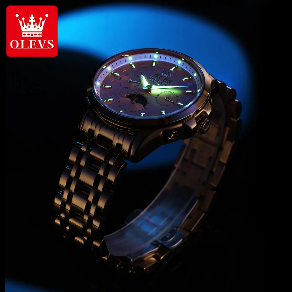Olevs 7070 relógio automático masculino fase da lua à prova dwaterproof água relógios masculinos de aço inoxidável relógio mecânico de luxo para homem