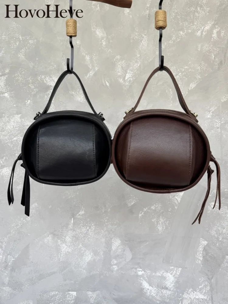 Concise Female Zipper Genuine Leather Crossbody Bags Versatile Ladies Round Handbag Solid Color Cowhide Single Shoulder Bag