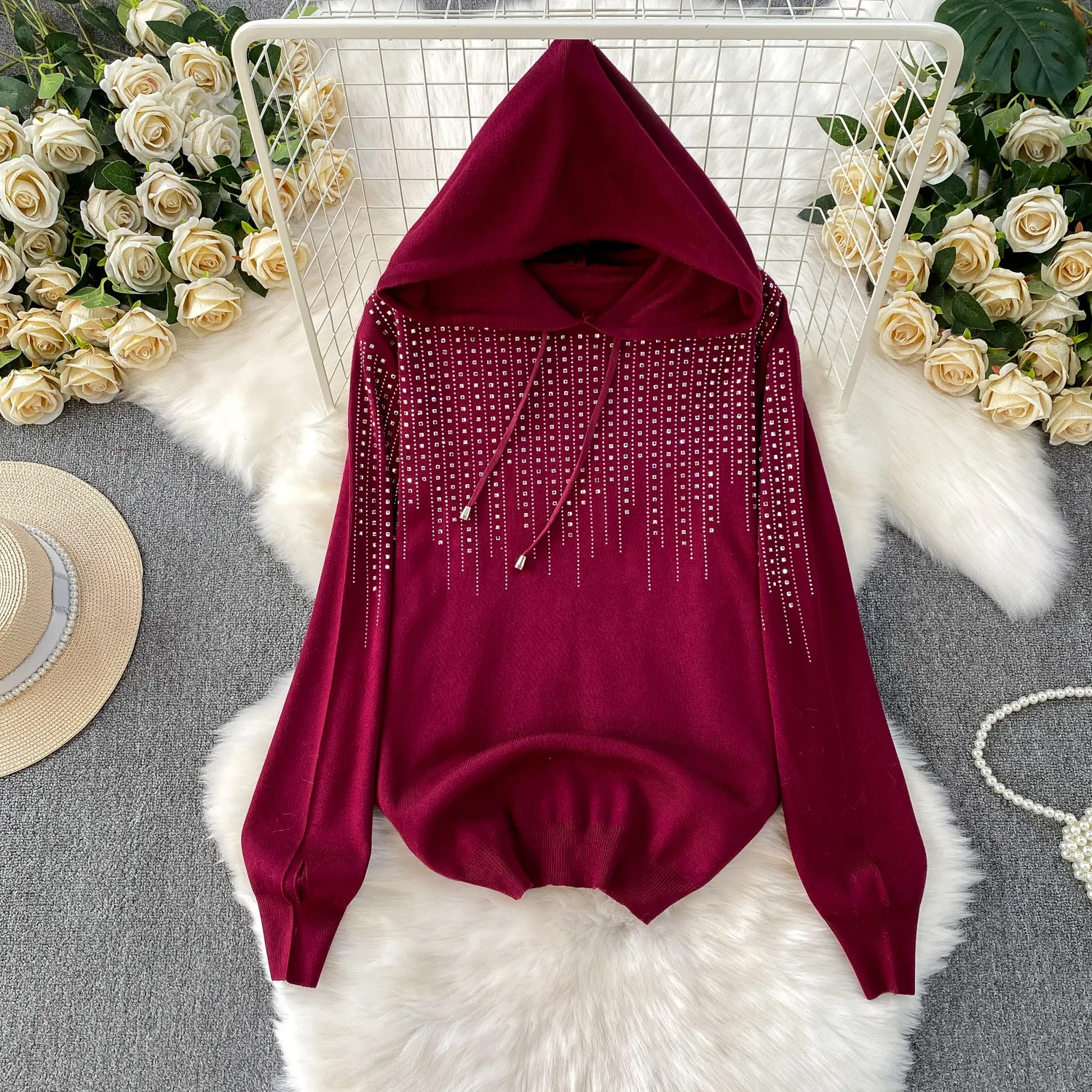 Hot Fix Rhinestone Women's 2-piece Sets 2026 Autumn Casual Loose Long Sleeve Hoodies & Drawstring High Waist Wide Leg Pants