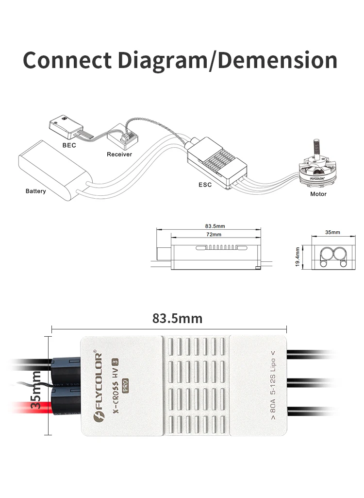 플라이컬러 X-크로스 HV3 프로 80A ESC 5-12S BLHeli-32 Dshot 프로샷 64MHz ARM 32비트 속도 컨트롤러 RC FPV 레이싱 드론 부품용